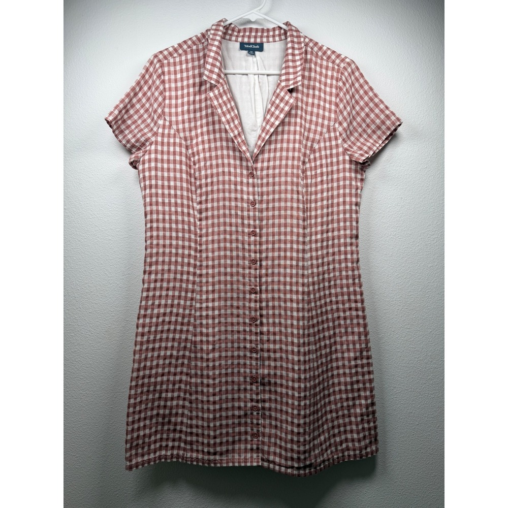 ModCloth Women Gingham Cotton Button Front Shirt Dress Size 12 Short Sleeve